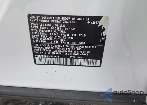 2018 Volkswagen Atlas 3.6L V6 Sel Premium from USA, damaged, VIN 1V2NR2CA3JC504424